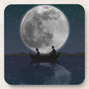 Dad And Son Fishing Under A Full Moon Coaster