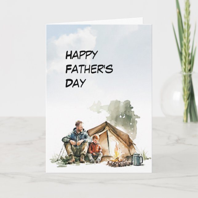 Dad and Son share tent camping Father's Day card (Front)