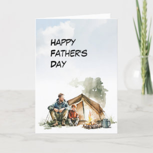 Dad and Son share tent camping Father's Day card