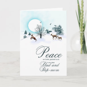 Dad and step-mum, Christmas scene with reindeer Holiday Card