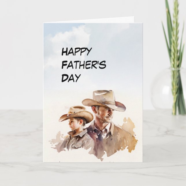 Dad and young Son cowboy hats Father's Day card (Front)