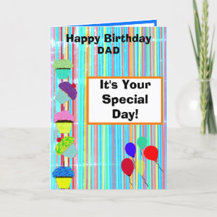 Dad Birthday Balloons Cupcakes Stripes PHOTO  Card