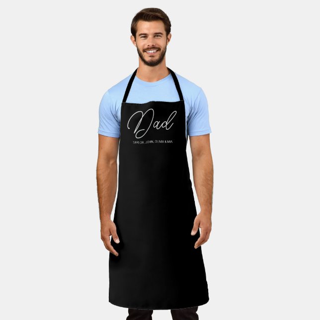 Dad black custom modern script and kids names apron (Worn)
