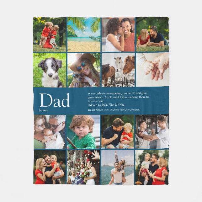 Dad Definition Quote Photo Collage Blue Fleece Blanket (Front)