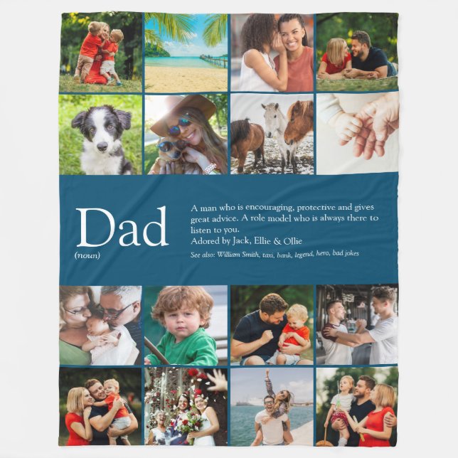 Dad Definition Saying Photo Collage Blue Large Fleece Blanket (Front)