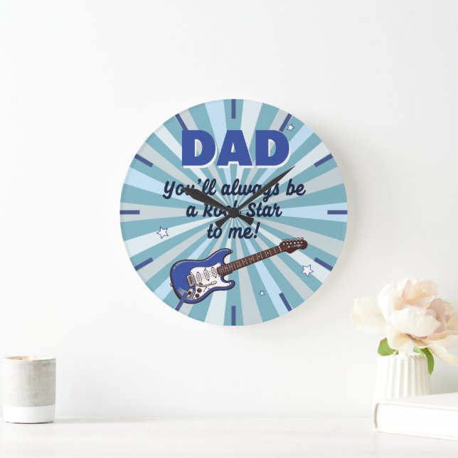 Dad Electric Guitar Rock Star Cool Blue Large Clock (Home)