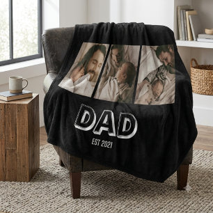 Dad Est 3 Photo Gift Father Keepsake Fleece Blanket