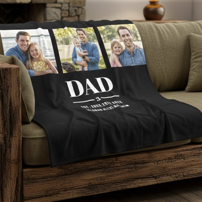 Dad Est. Year Name Number Bold Font 3 Photo Fleece Blanket (Creator Uploaded)