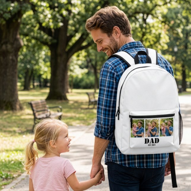 Dad Established 3 photo Black Text White  Printed Backpack (Dad Established Bold Black Script 3 photo on a White Back Pack)
