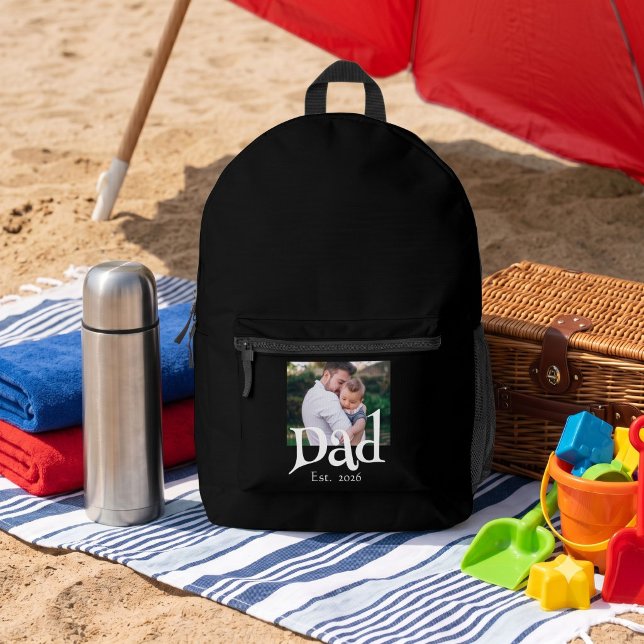 Dad Established Black Fun Bold Simple Text + Photo Printed Backpack (Creator Uploaded)