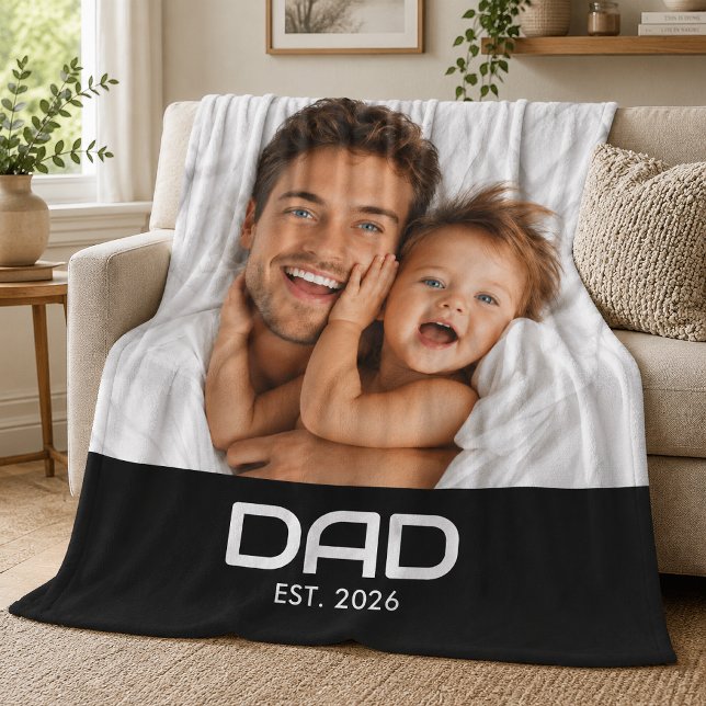 Dad Established Black Modern Bold Photo Fleece Blanket (Creator Uploaded)