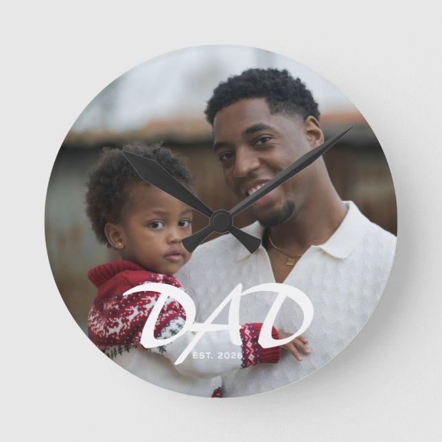 Dad Established Black White Bold Photo Round Clock (Front)