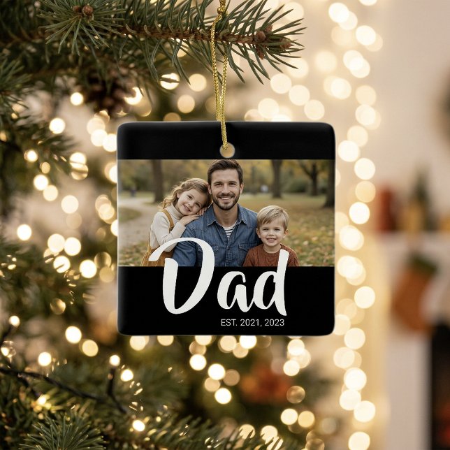 Dad Established Black White Script Photo Ceramic Ornament (Dad Established Black White Script Photo Ceramic Ornament)