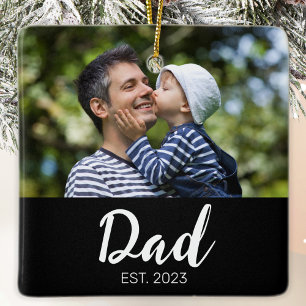 Dad Established Black White Script Photo Ceramic Ornament