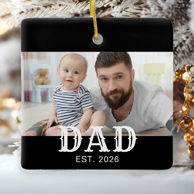 Dad Established Black White Typography Photo Ceramic Ornament (Creator Uploaded)