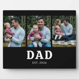 Dad Established Bold Modern Black 3 Photo Plaque