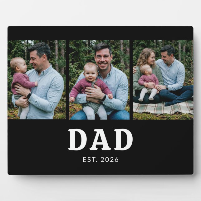 Dad Established Bold Modern Black 3 Photo Plaque (Front)