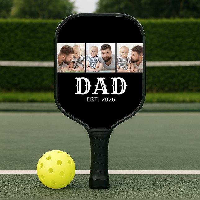 Dad Established Bold Typography Black 3 Photo Pickleball Paddle (Creator Uploaded)