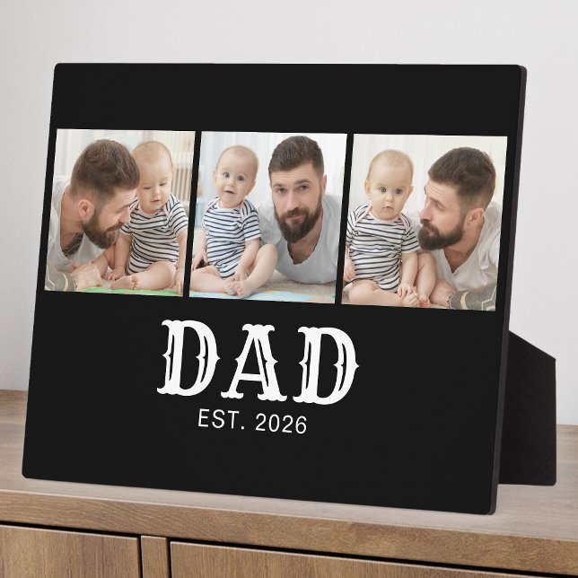 Dad Established Bold Typography Black 3 Photo Plaque (Creator Uploaded)