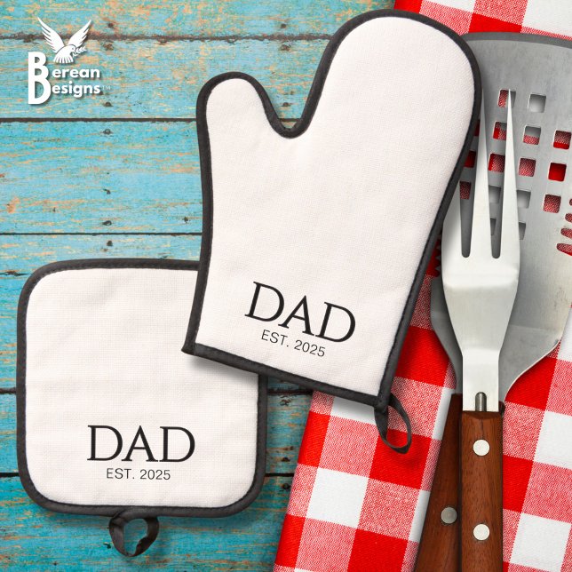 Dad Established Classic Caps Fathers Day BBQ Oven Mitt & Pot Holder Set (DAD ESTABLISHED oven mitt and pot holder Father's Day gift for dads. Custom text. Ideal for BBQs)