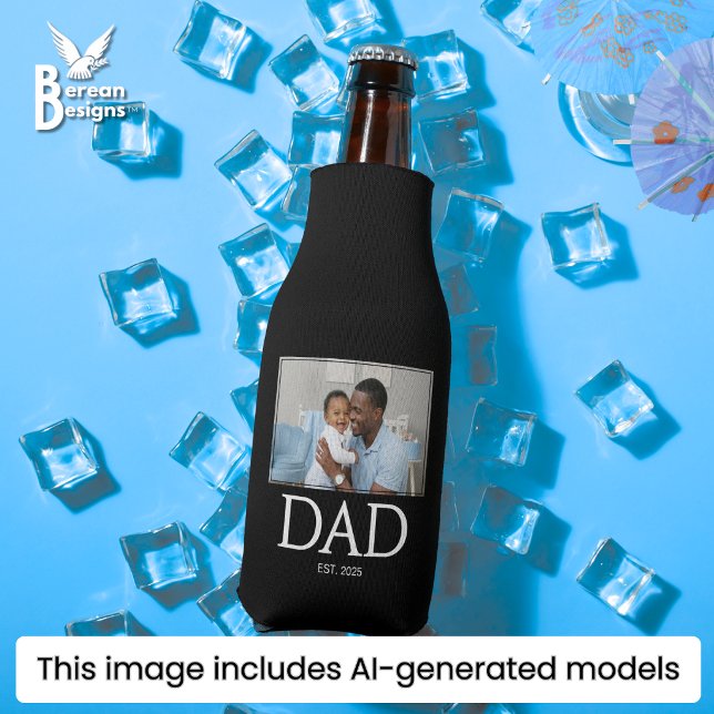 Dad Established Classic Caps Photo Bottle Cooler (Stylish DAD ESTABLISHED bottle cooler with photo and text. Ideal Father's Day or birthday gift.)