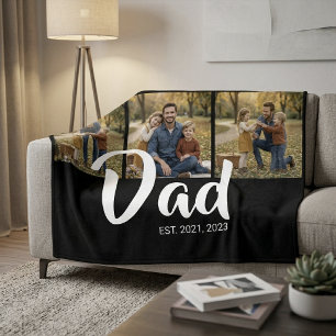 Dad Established Elegant Script Black 3 Photo Fleece Blanket
