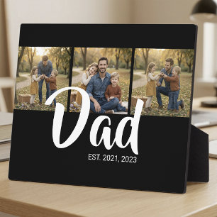 Dad Established Elegant Script Black 3 Photo Plaque