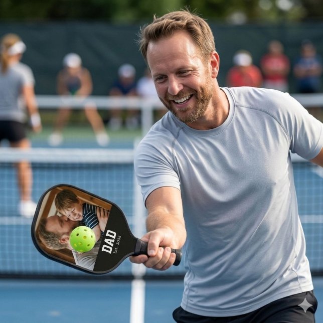 Dad Established Fun Bold Text Photo Pickleball Paddle (Creator Uploaded)
