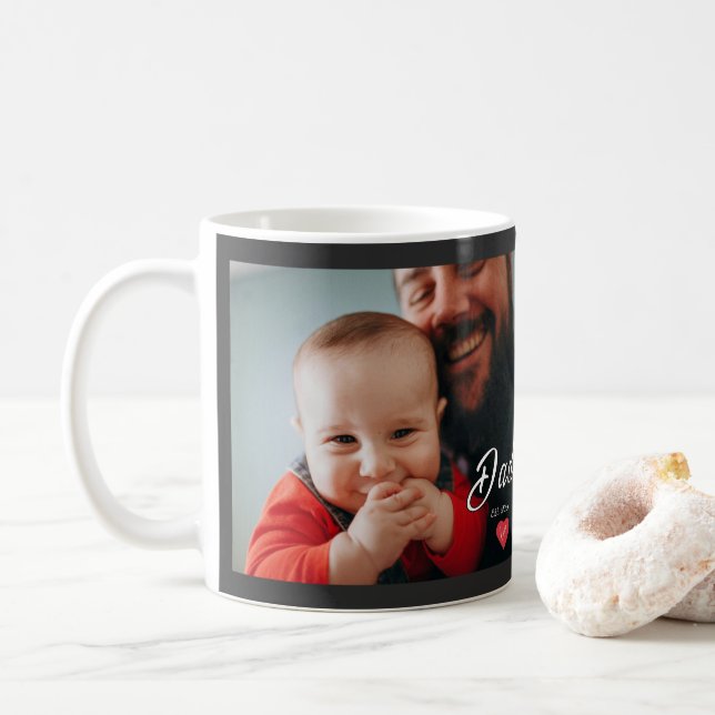 Dad Established Fun Script Photo Heart Gift  Coffee Mug (With Donut)