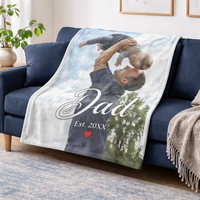 Dad Established Fun Script Photo Heart Gift  Fleece Blanket (Creator Uploaded)