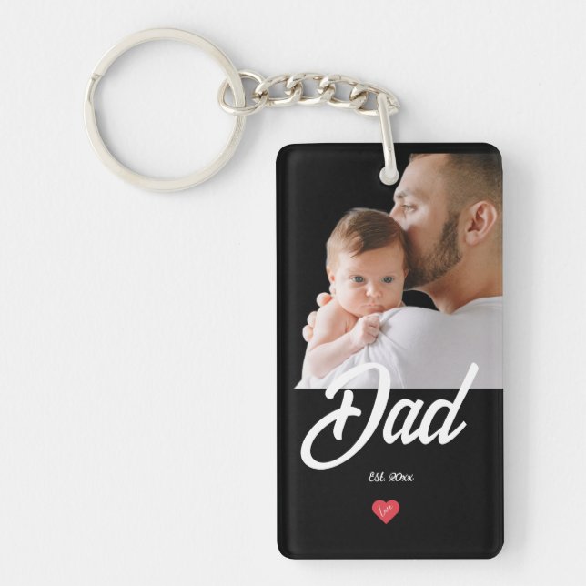 Dad Established Fun Script Photo Heart Gift Key Ring (Front)