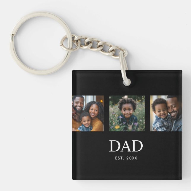 Dad Established Modern 3 Photo Key Ring (Front)