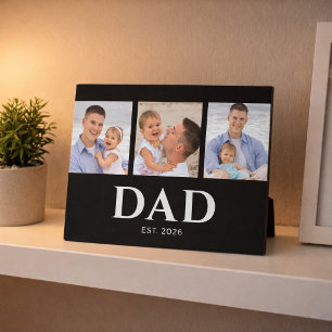 Dad Established Modern Black 3 Photo Block Plaque