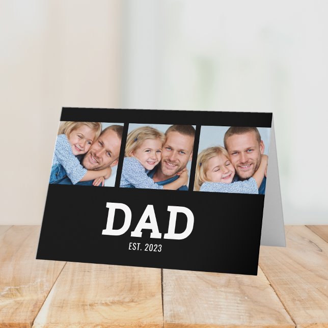Dad Established Modern Black 3 Photo Father's Day Card (Creator Uploaded)