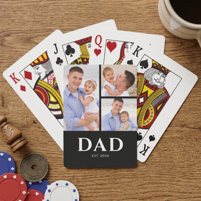 Dad Established Modern Black 3 Photo Playing Cards (Creator Uploaded)