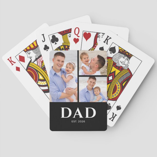 Dad Established Modern Black 3 Photo Playing Cards (Back)