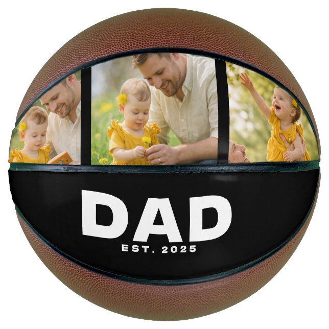 Dad Established Modern Bold Black 3 Photo Basketball (Front)
