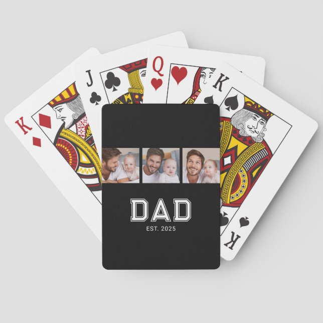 Dad Established Modern Bold Black 3 Photo Playing Cards (Back)