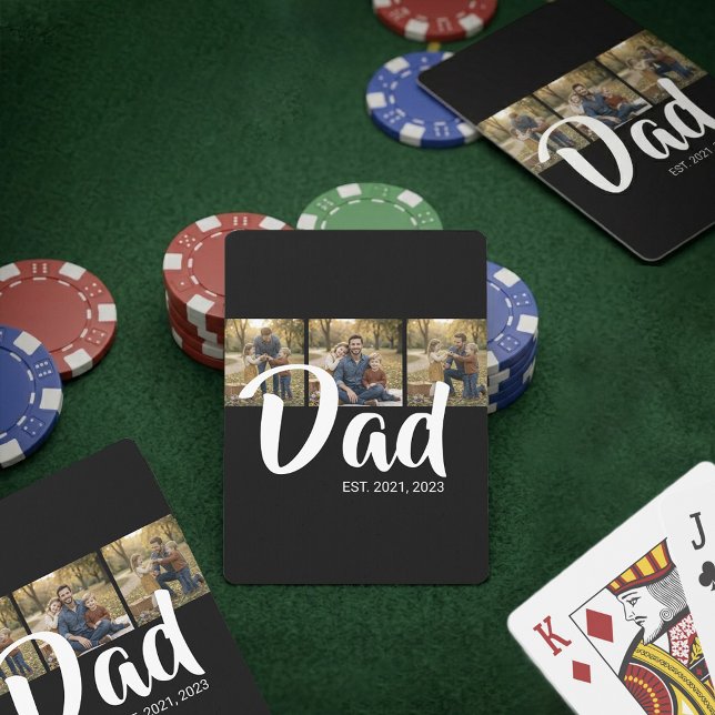 Dad Established Modern Bold Script Black 3 Photo Playing Cards (Dad Established Modern Bold Script Black 3 Photo Poker Playing Cards)