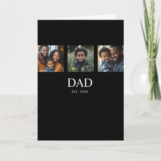 Dad Established Modern Bold Simple Black 3 Photo Card (Front)