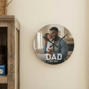 Dad Established Modern Bold White Photo Round Clock