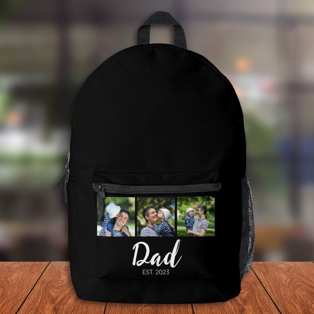 Dad Established Modern Script Black 3 Photo Printed Backpack (Creator Uploaded)