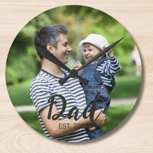 Dad Established Modern Script Photo Round Clock
