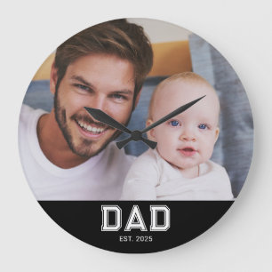 Dad Established Modern White Bold Photo Round Large Clock