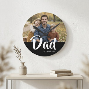 Dad Established Modern White Script Photo Round Clock