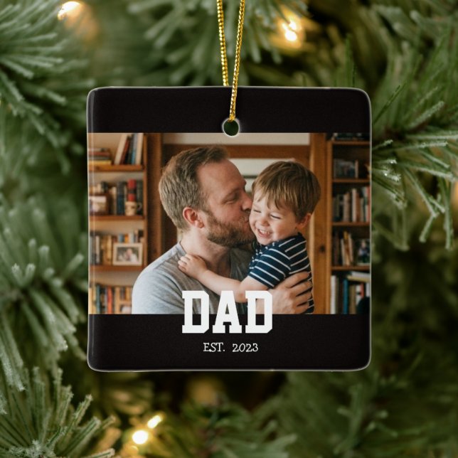 Dad Established Photo Father's Day Gift Black Ceramic Ornament (Tree)