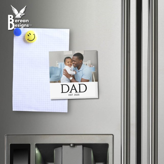 Dad Established Photo Gift Magnet (DAD ESTABLISHED white magnet with customizable photo and year. Ideal gift for Father's Day. )