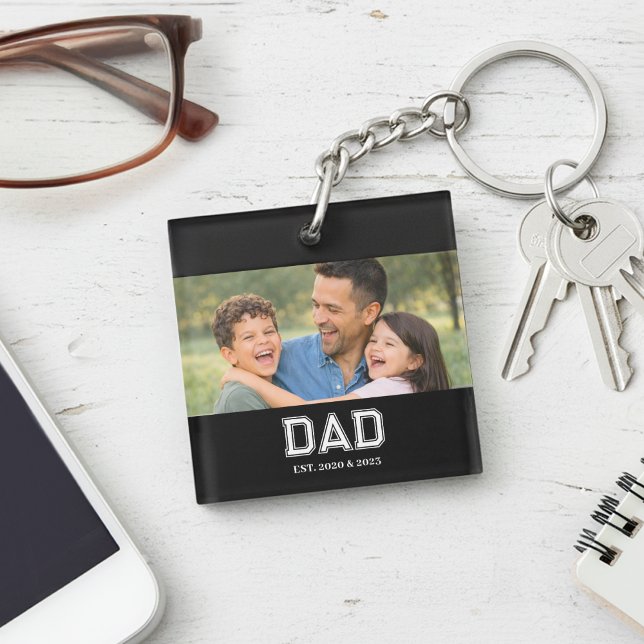 Dad Established Photo Modern Typography Gift Key Ring (Dad Est. design with bold college-style typography and the years he became a dad )