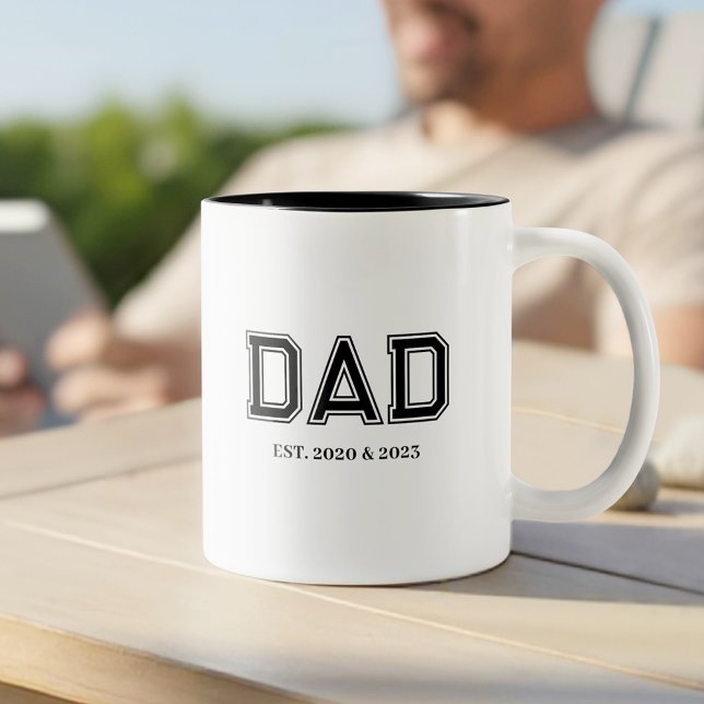 Dad Established Simple Modern College Typography Two-Tone Coffee Mug (Dad Established Year(s) Modern College Font Design - the perfect, personalized gift for Dad!)