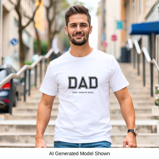 Dad Established Simple Modern Typography White T-Shirt (Dad Established with years design in popular block college style lettering - fully personalizable)